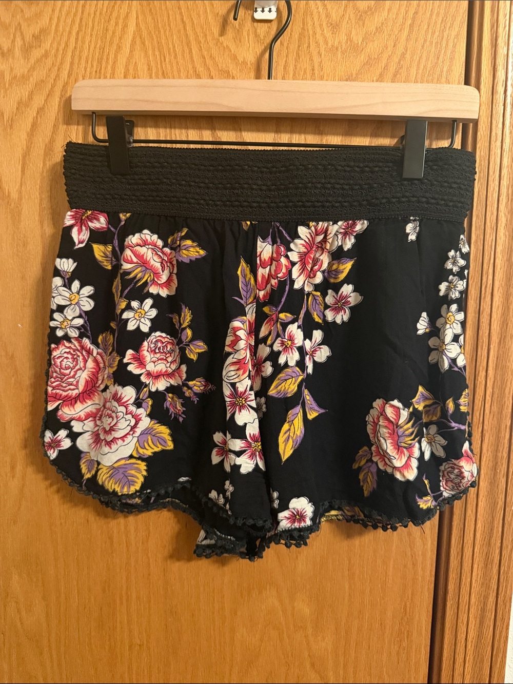 Angie Black Floral High-Waist Smocked Shorts